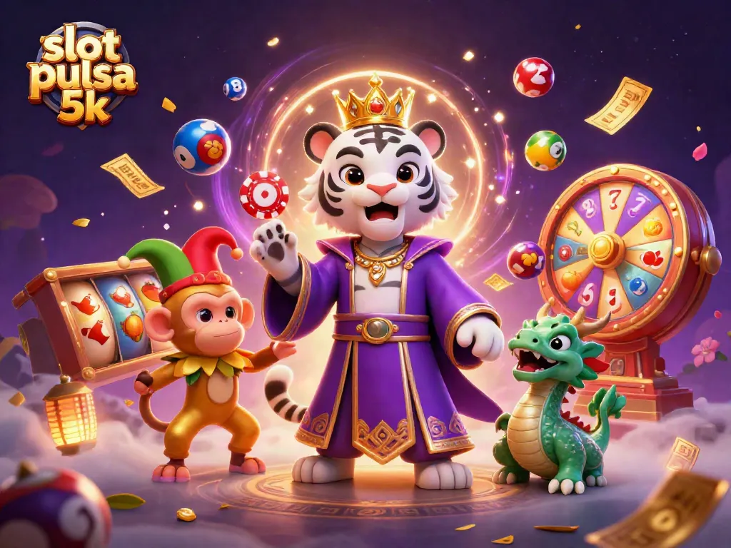 Engage with slot pulsa 5k through a lively casino scene showcasing vibrant characters and dynamic game elements.