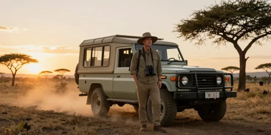 Kenya travel agency expert guiding a traveler on safari adventure amidst stunning savannah landscape.