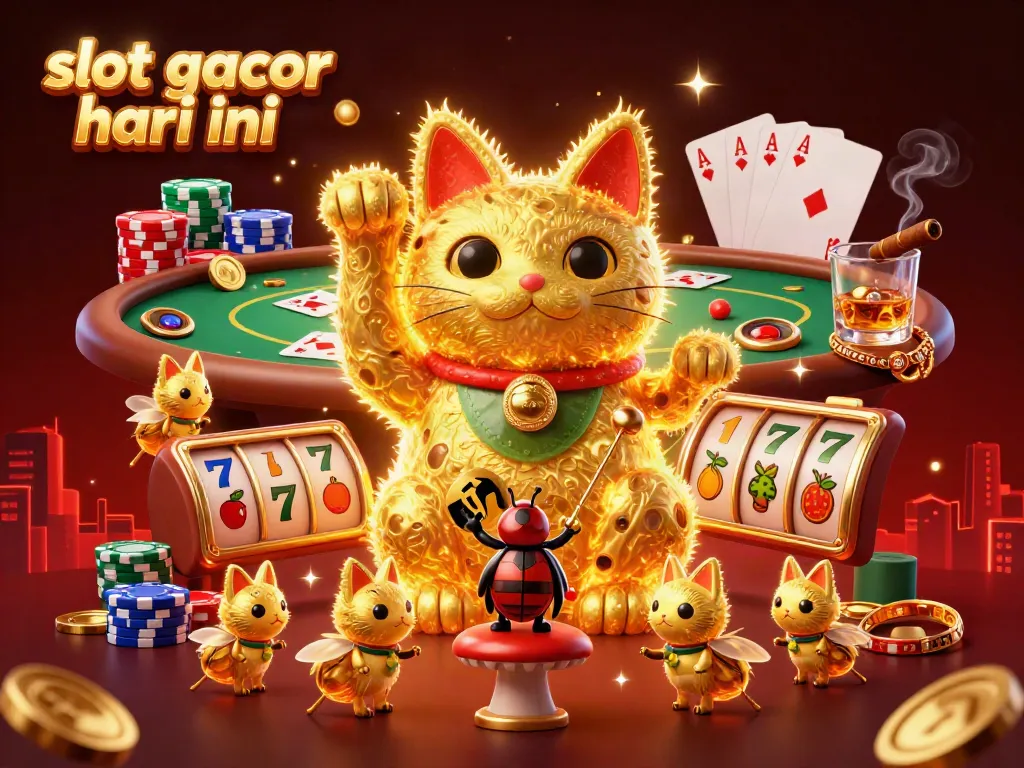 Experience the excitement of slot gacor hari ini with a vibrant 3D illustration of a lucky cat and casino elements.