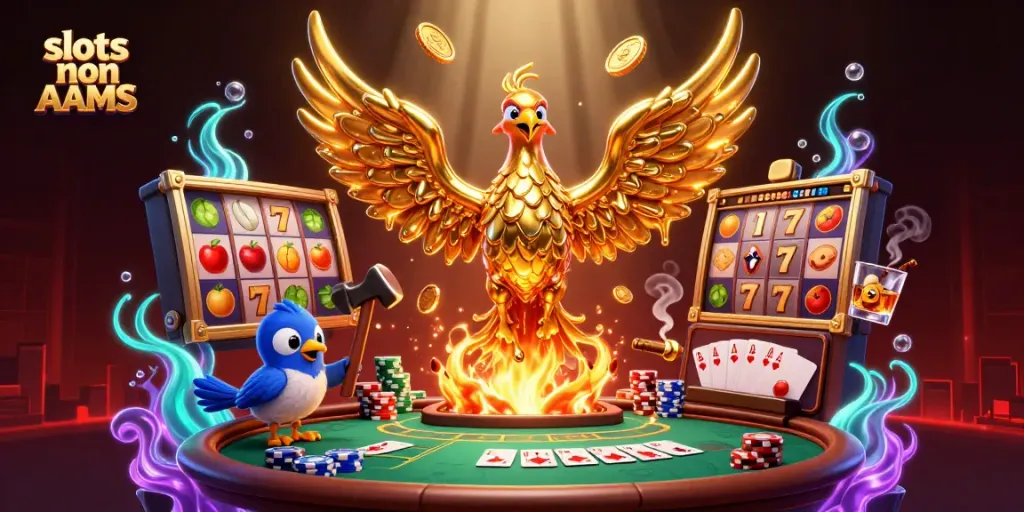 Giocando a slot non AAMS con una fenice dorata mentre i premi volano nell'aria, un tavolo da poker in evidenza.