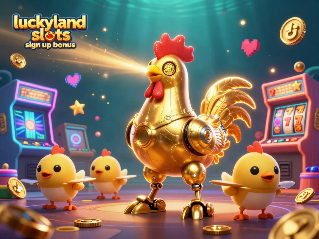 Experience the luckyland slots sign up bonus with a lively 3D casino scene featuring robots and arcade games.