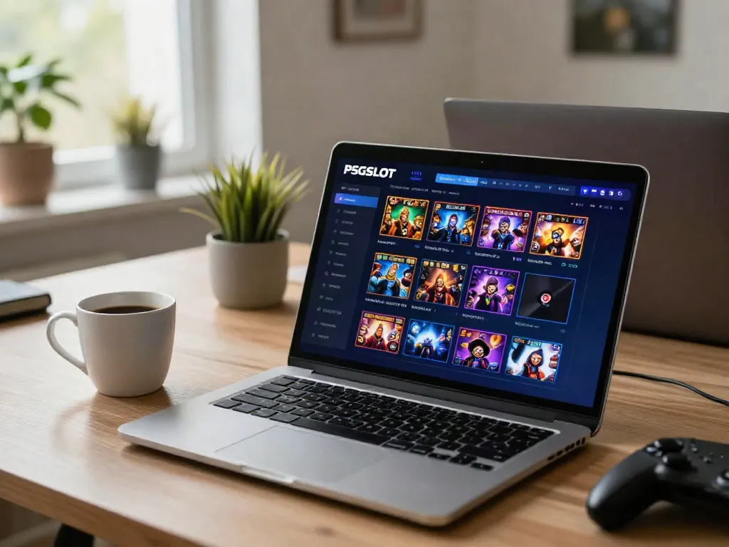 PSGSLOT user engaging with live rtp slot games on a laptop in a cozy home office.