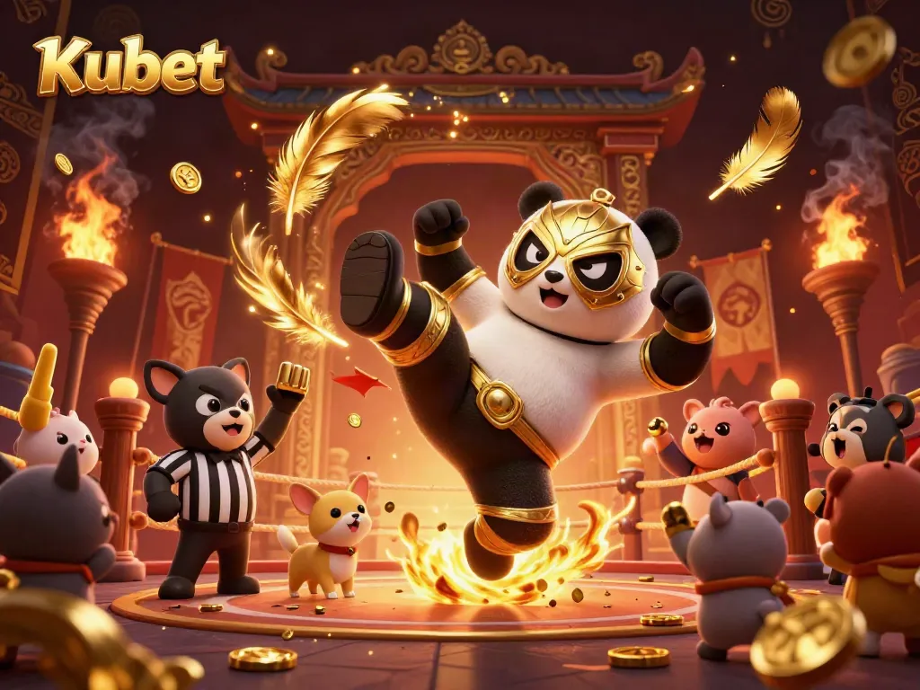 Kubet casino illustration featuring a panda wrestler and animal spectators in an energetic gambling scene
