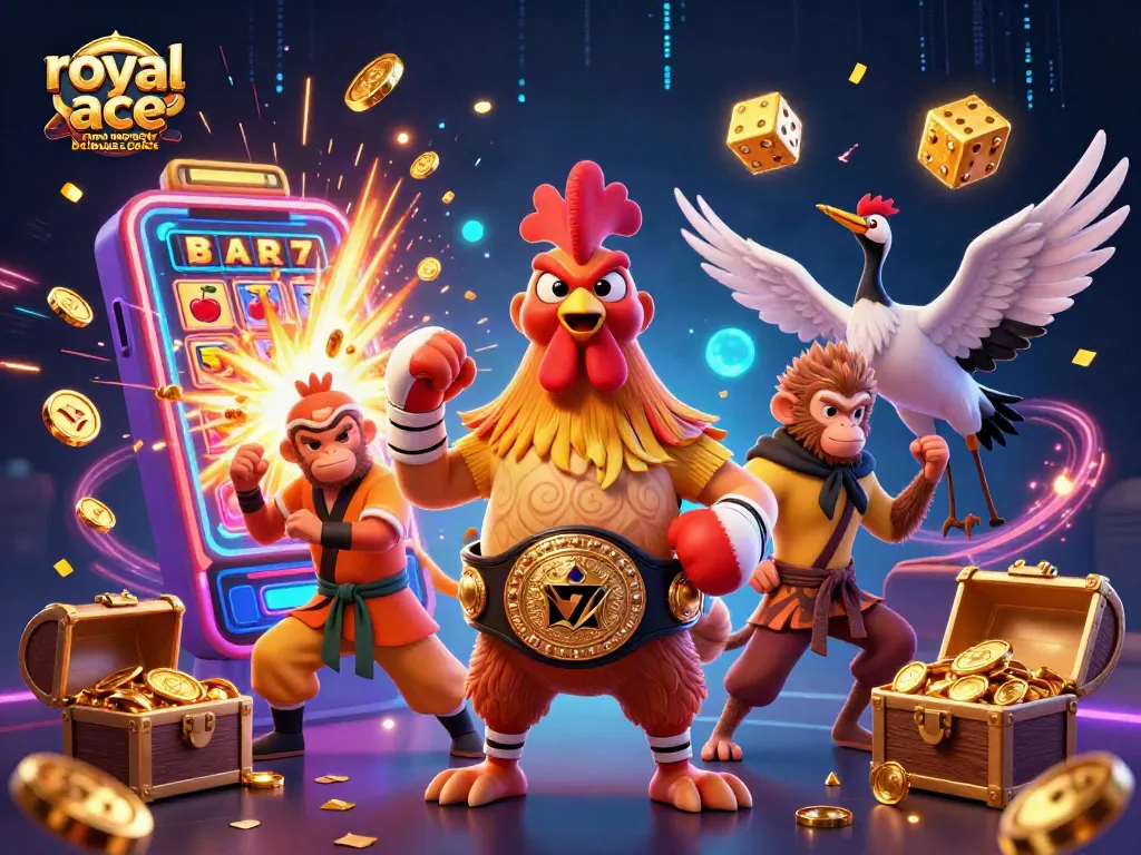 Explore royal ace no deposit bonus codes with a vibrant 3D casino scene featuring characters and slot elements.