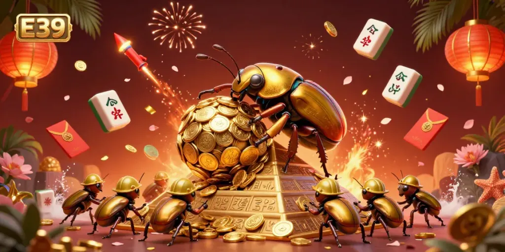E39 offers thrilling gameplay with a golden dung beetle in a pyramid of winnings.