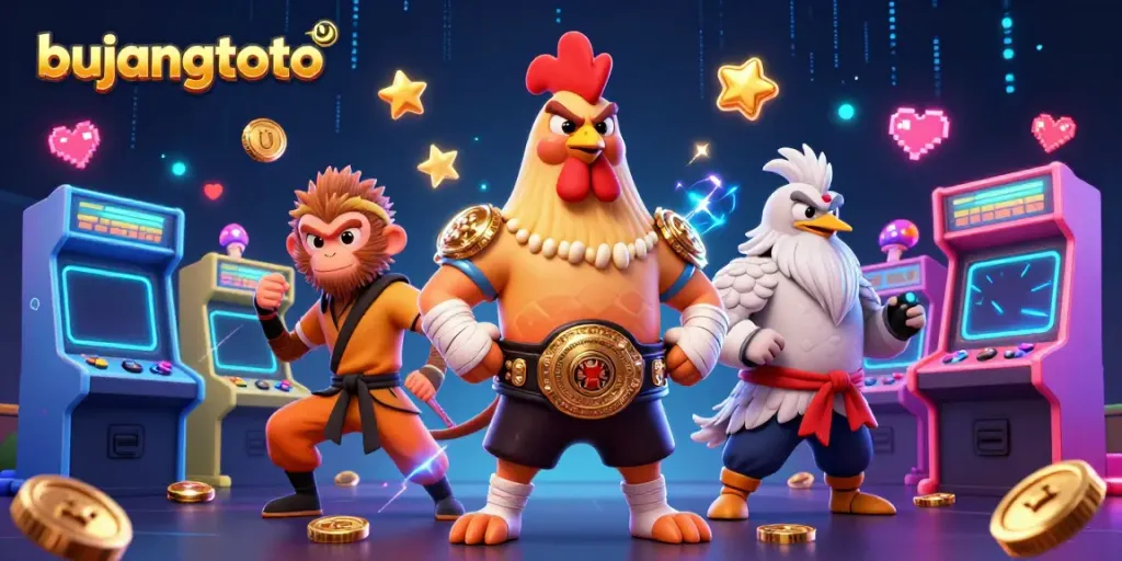 Bujangtoto showcases a dynamic 3D illustration featuring iconic characters in a vibrant casino scene filled with arcade game elements.