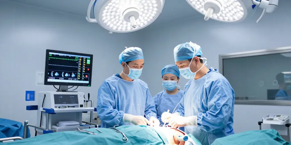 Thoracic surgeons in Abu Dhabi performing a complex surgery in a modern hospital setting.