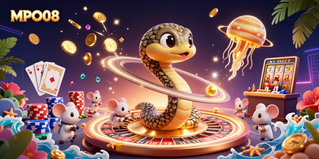 Engage with MPO08's cosmic gaming adventure featuring roulette, card games, and vibrant casino elements.