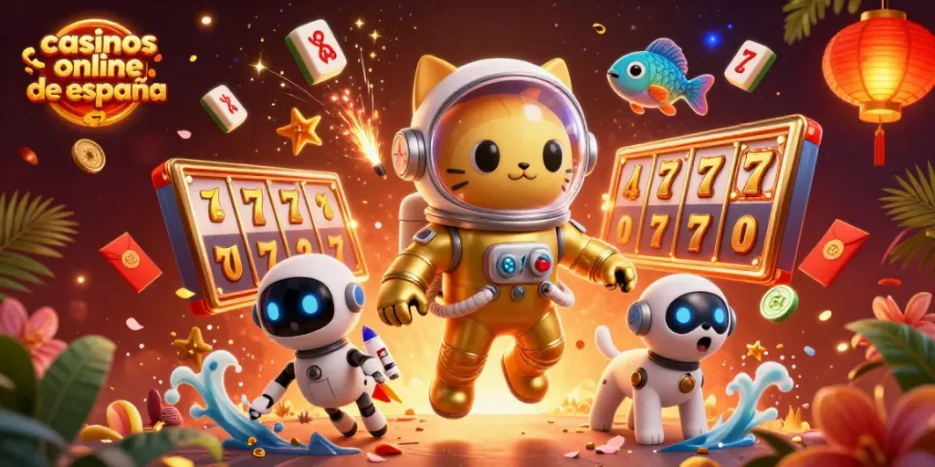 Juega en casinos online de España con esta divertida ilustración de un gato astronauta en un casino cósmico