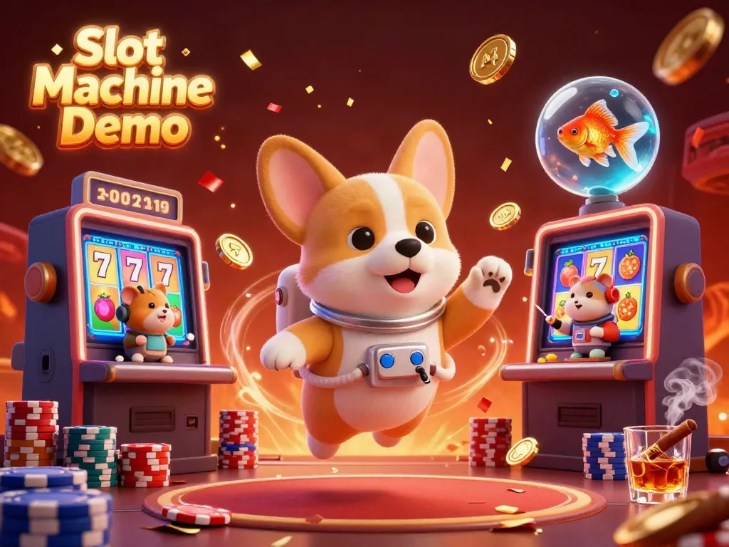 Experience thrilling gameplay with the Slot Machine Demo surrounded by colorful slot machines and festive casino elements.