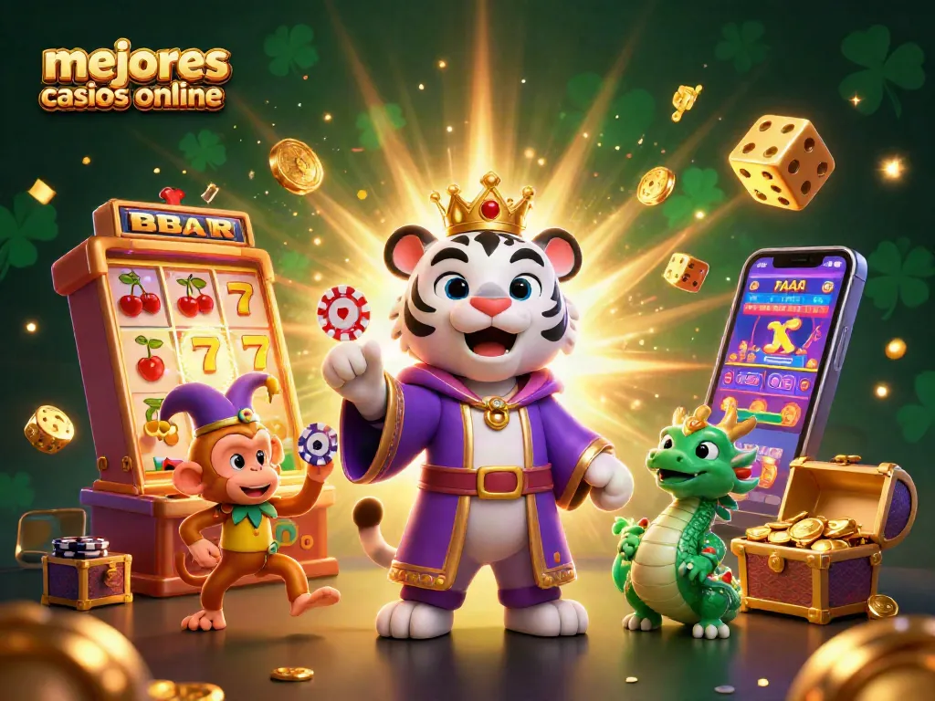 Mejores casinos online: ilustración 3D de un tigre blanco y un mono colorido en un entorno de casino vibrante.