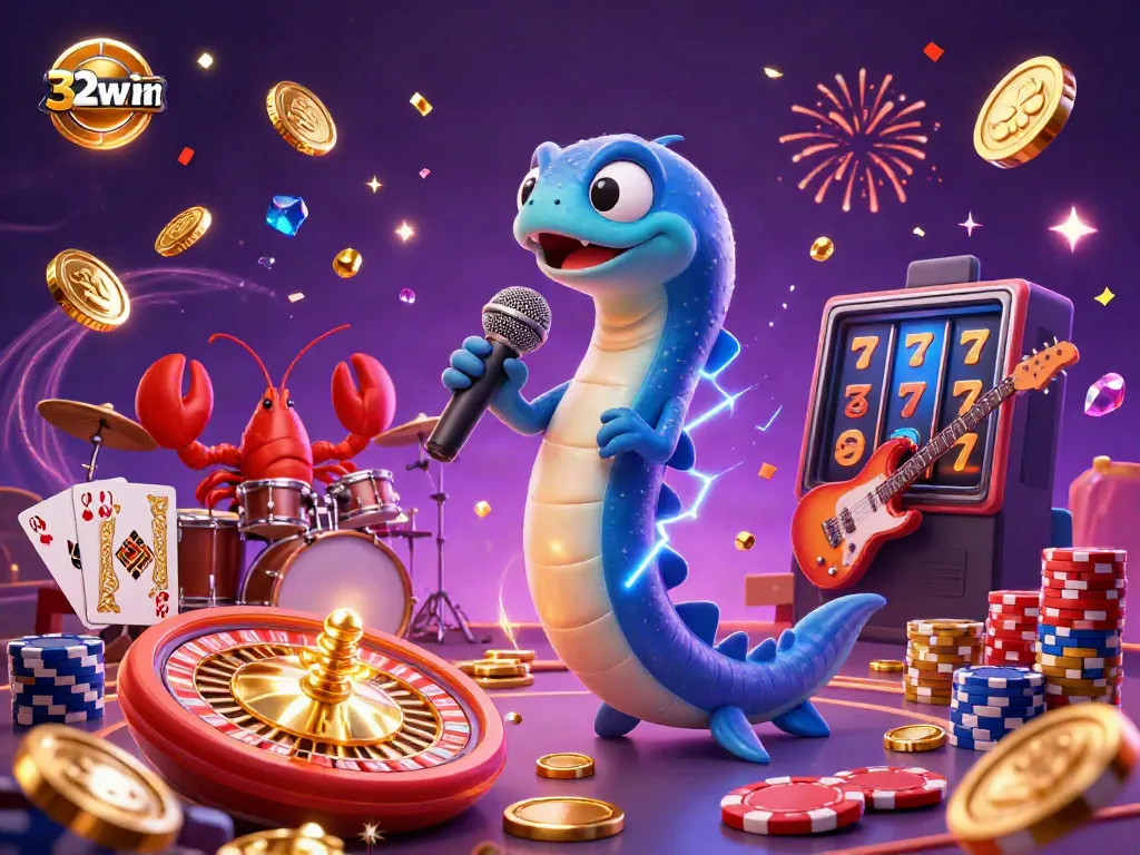 Watch the energetic DJ eel perform live at the underwater casino while celebrating 32win with flying coins and gems.