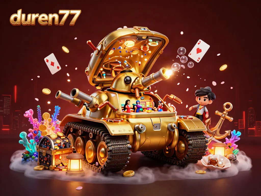 Permainan slot seru di dalam tank keong emas dari duren77 yang dipenuhi koin dan harta karun.