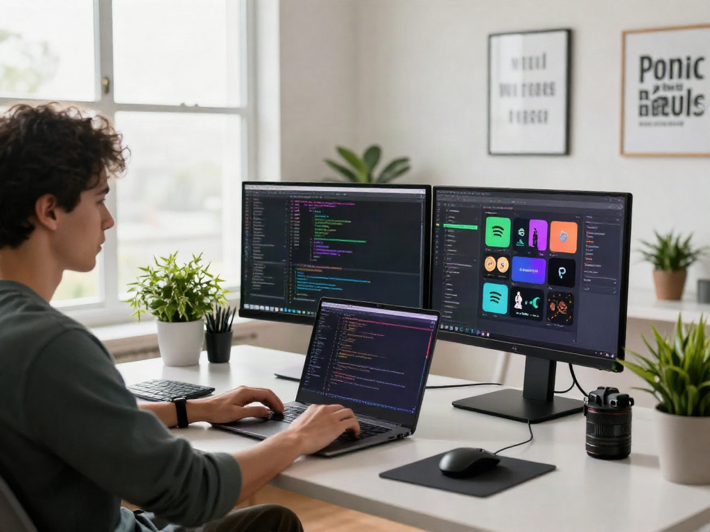 Dynamic workspace showcasing spotify mod on dual monitors and coding environment
