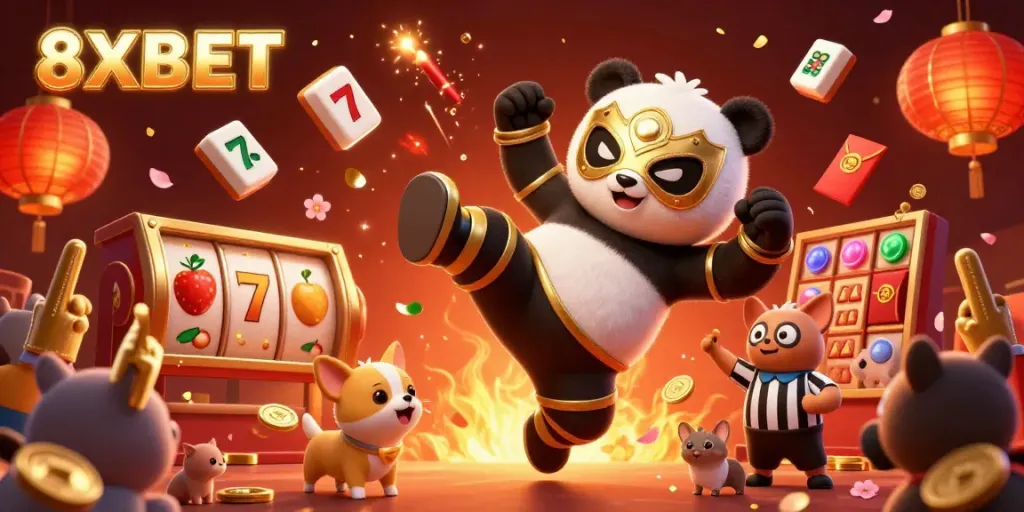 Join the excitement at 8XBET with a vibrant scene of a panda wrestler kicking while golden slot reels spin!