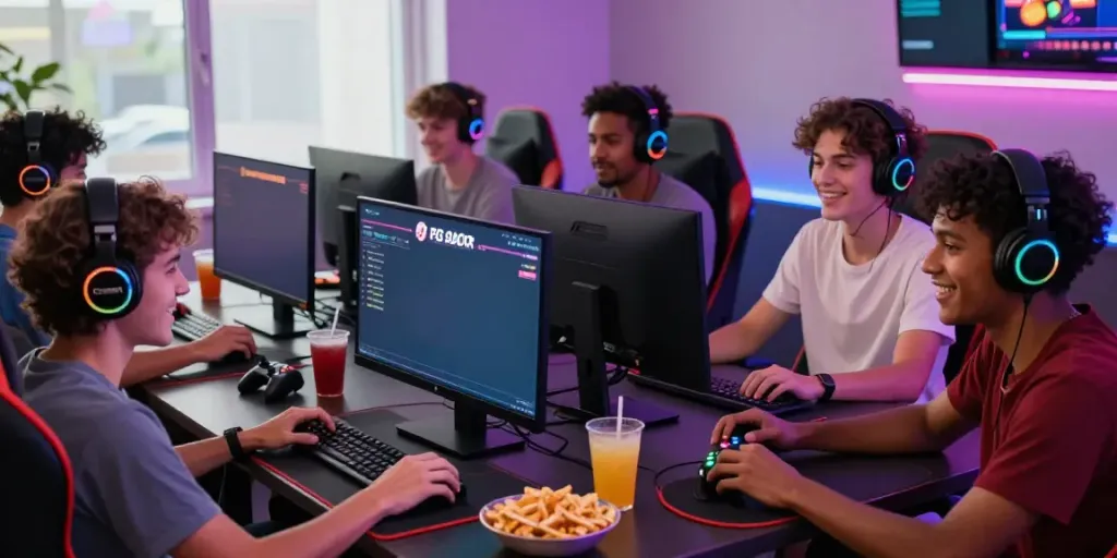 Friends enjoying slot gacor games on vibrant gaming setup with snacks.