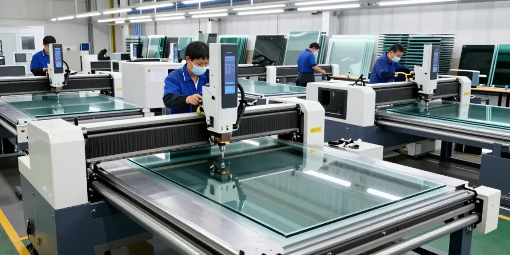 Glass cutting machine manufacturer in action with skilled technicians at work.