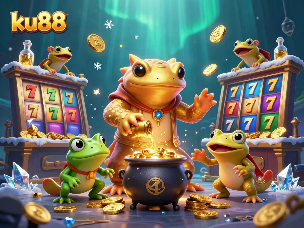 ku88 showcases an enchanting scene with a golden salamander transforming materials into riches, blending casino elements.