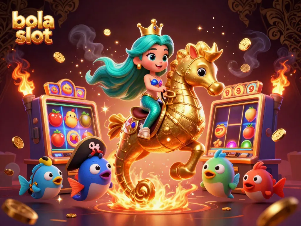 Experience excitement with the bola slot as a mermaid rides a golden seahorse in a vibrant casino world.
