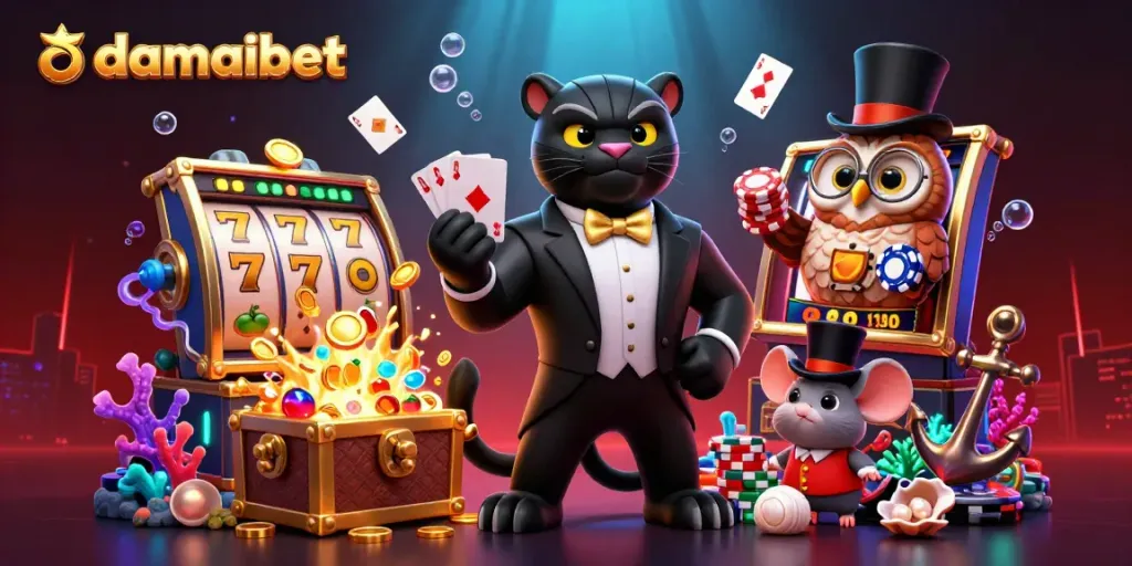Damaibet's stylish black panther dealer surrounded by slots and gaming elements in an engaging illustration