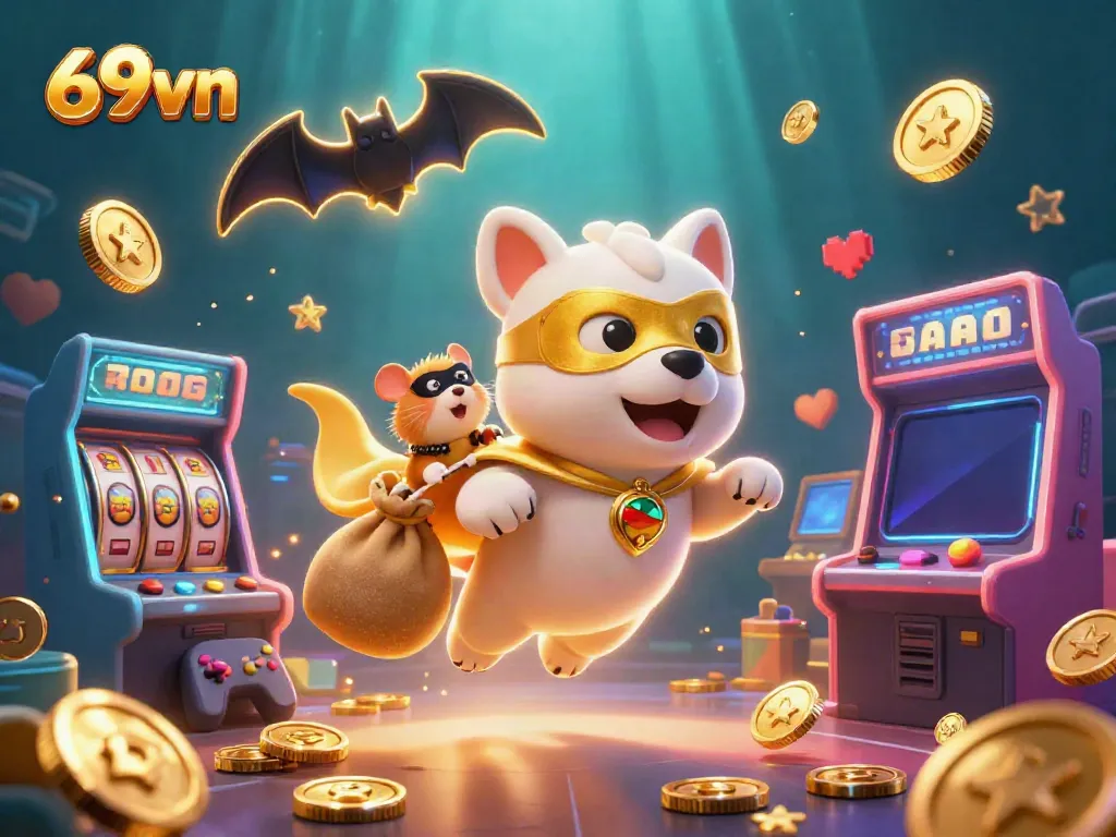 Engage with an exciting casino adventure featuring 69vn's superhero dog and hamster, soaring amidst colorful game elements and jackpots.