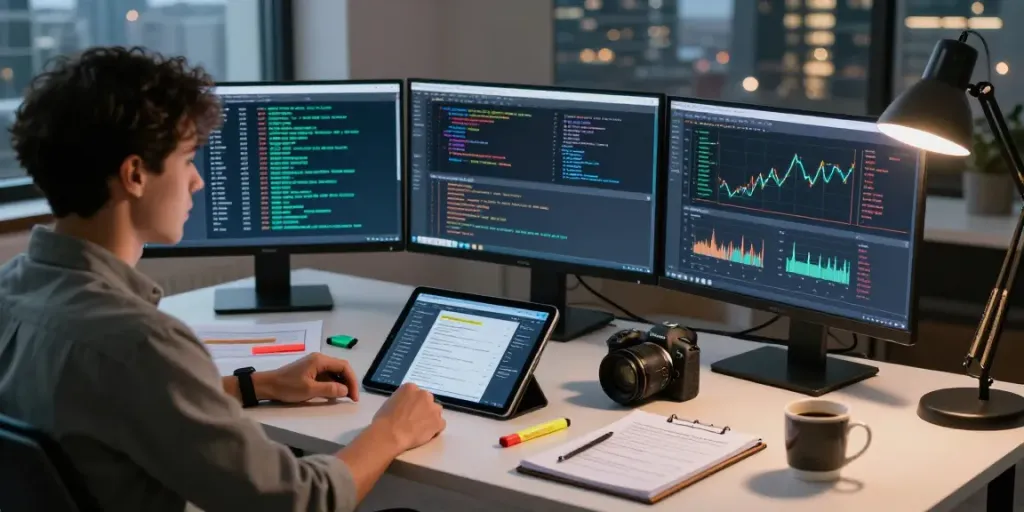 Cryptocurrency tracing analysis with forensic expert tracking blockchain transactions in modern workspace.
