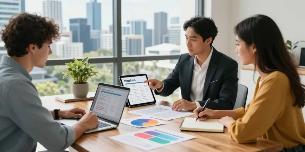 Consultation on home loans Brisbane with financial advisor and couple in a modern office.