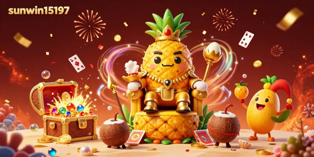 Experience the thrill of sunwin15197 at a vibrant beach casino with a playful golden pineapple king and lively characters.