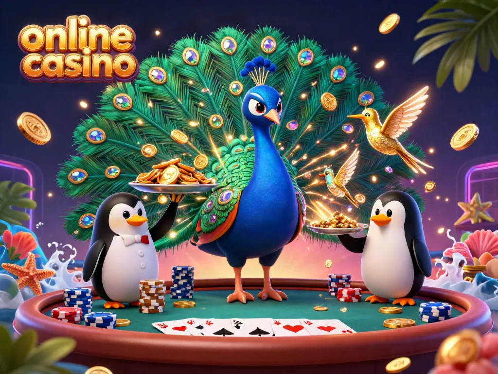 Juega en un casino online mientras observas un pavo real aristocrático rodeado de fichas y monedas.