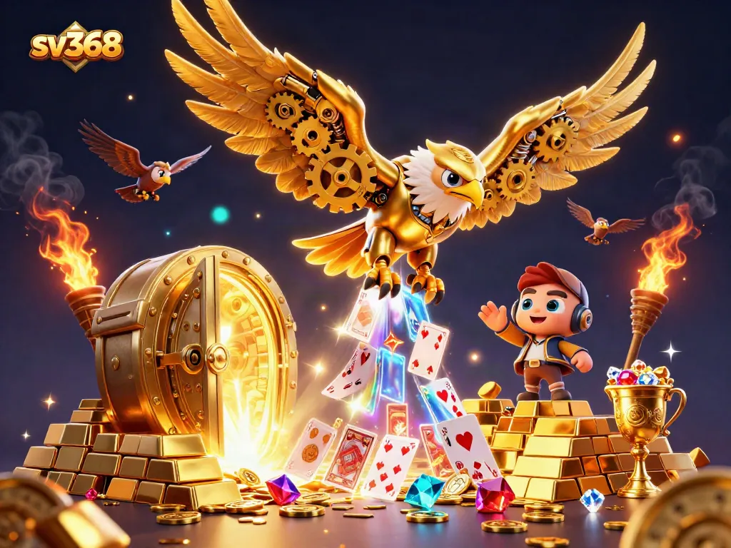 Experience thrilling gameplay at sv368 with a dynamic scene of a golden eagle amidst casino treasures.