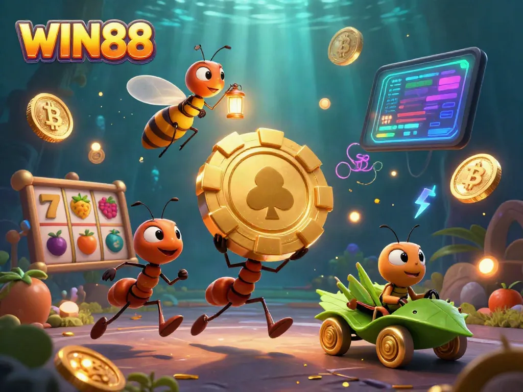 WIN88 captures the excitement of a heist with ants transporting a giant poker chip amidst vibrant casino symbols.
