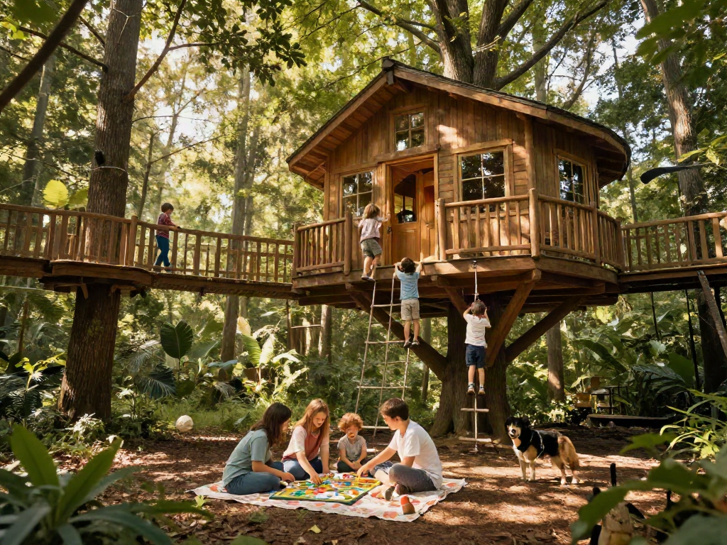 Family enjoying tree house life in a wooded setting, playing games and exploring treetop walkways together.