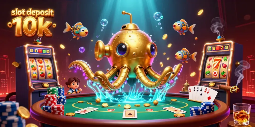 Experience the thrill of slot deposit 10k with a captivating 3D illustrated underwater casino scene.