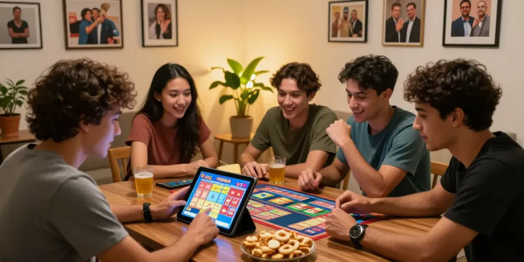 Diverse friends enjoying togel online gaming experience together.