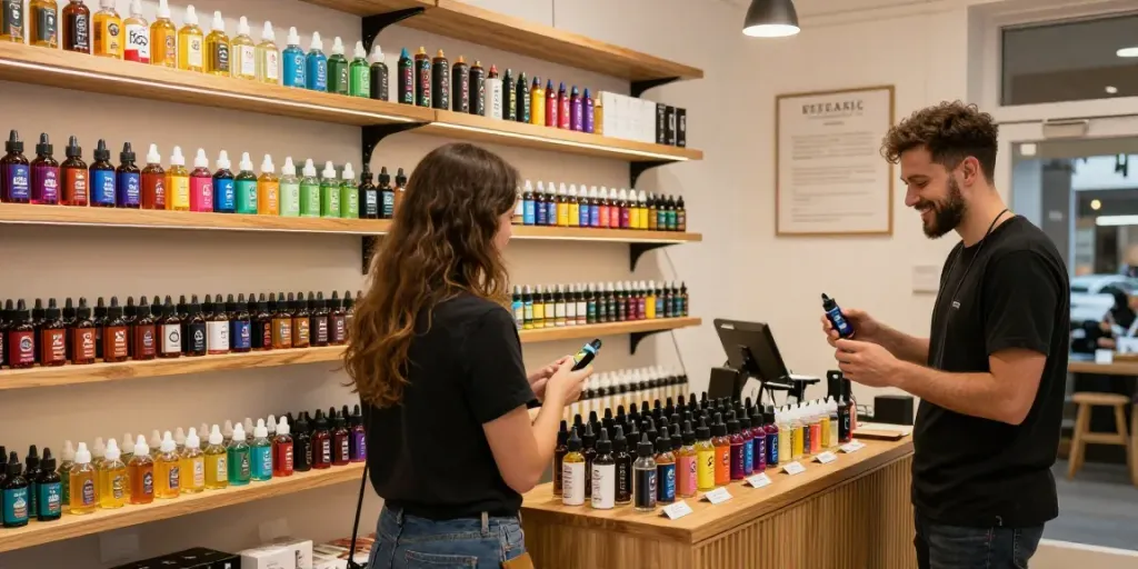 Vibrant vape shop displaying assorted e-liquid vape juice options and a customer engagement.