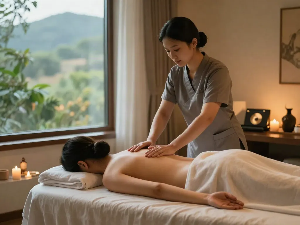 Professional providing 출장안마 in a tranquil hotel room setting, enhancing relaxation.