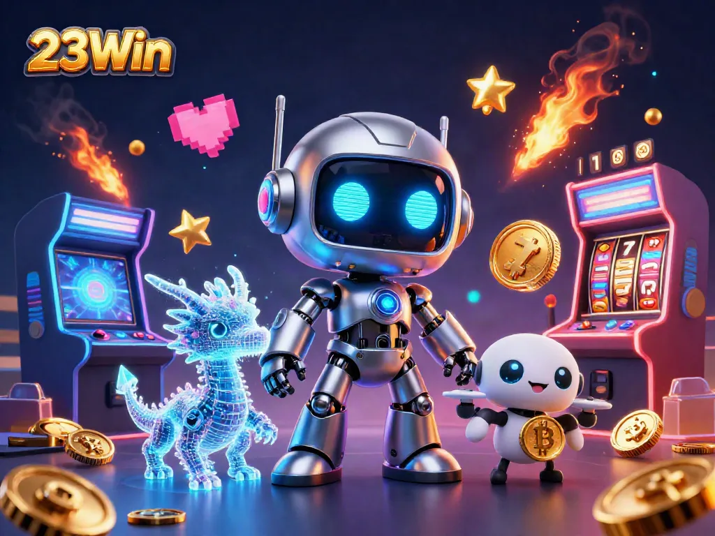 Experience thrilling gaming with 23Win, featuring a cyberpunk robot, dragon, and bitcoin in action.