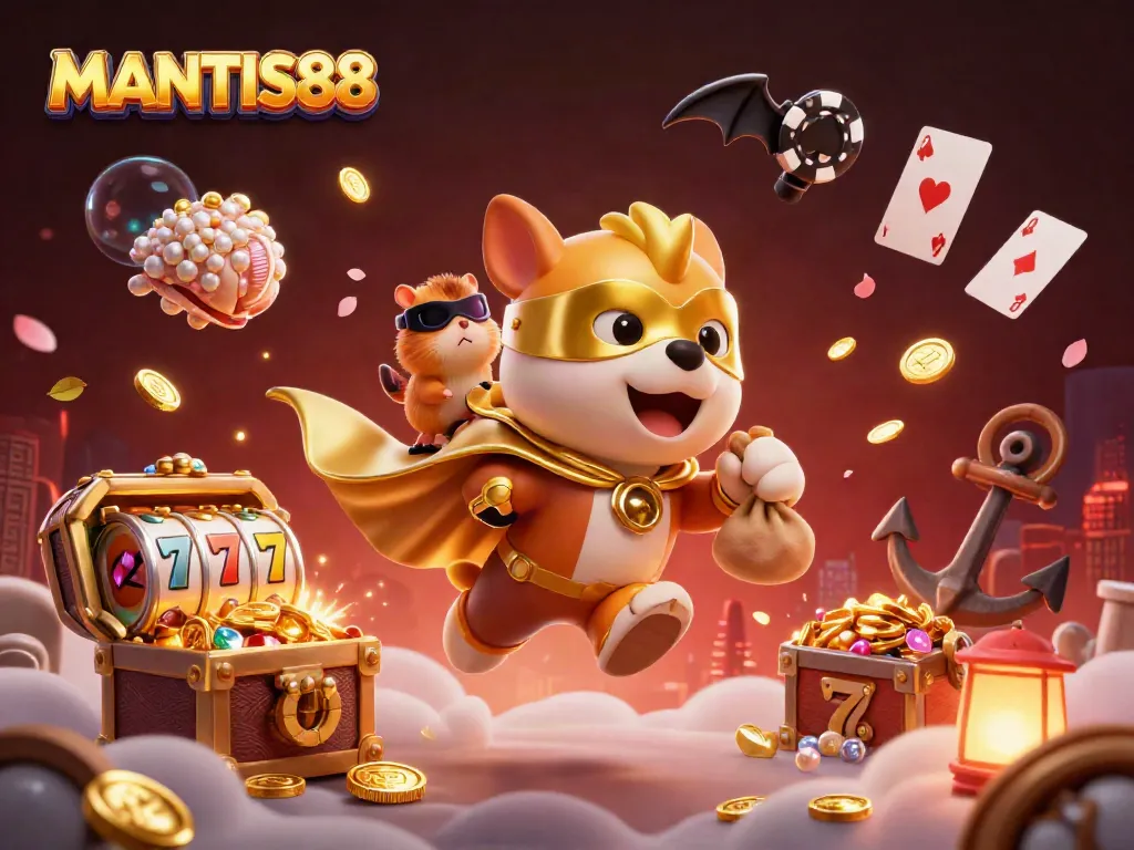MANTIS88 casino adventure featuring a superhero dog and hamster amidst riches and classic gaming symbols.