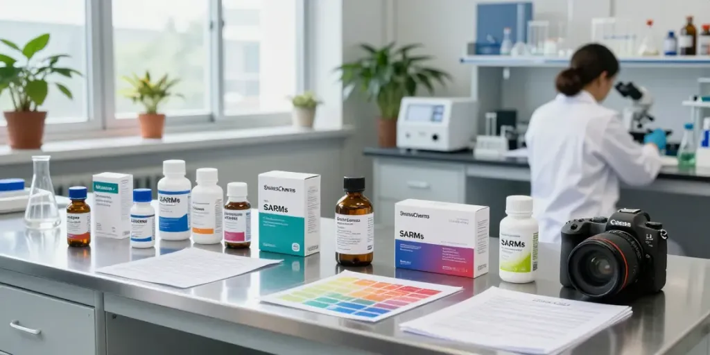 SwissChems peptide products in a bright laboratory setting with a scientist conducting research.