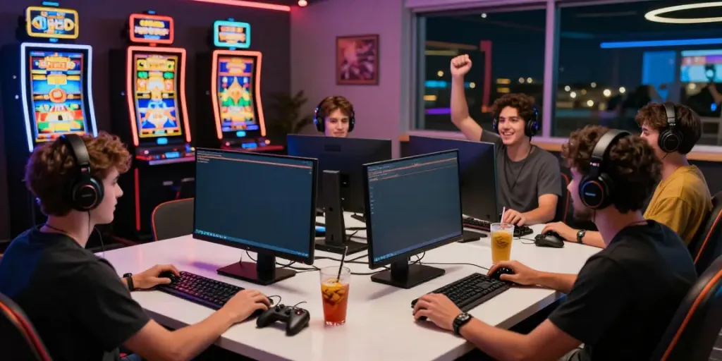 Players celebrating wins at casinos not on GamStop in a vibrant gaming room.