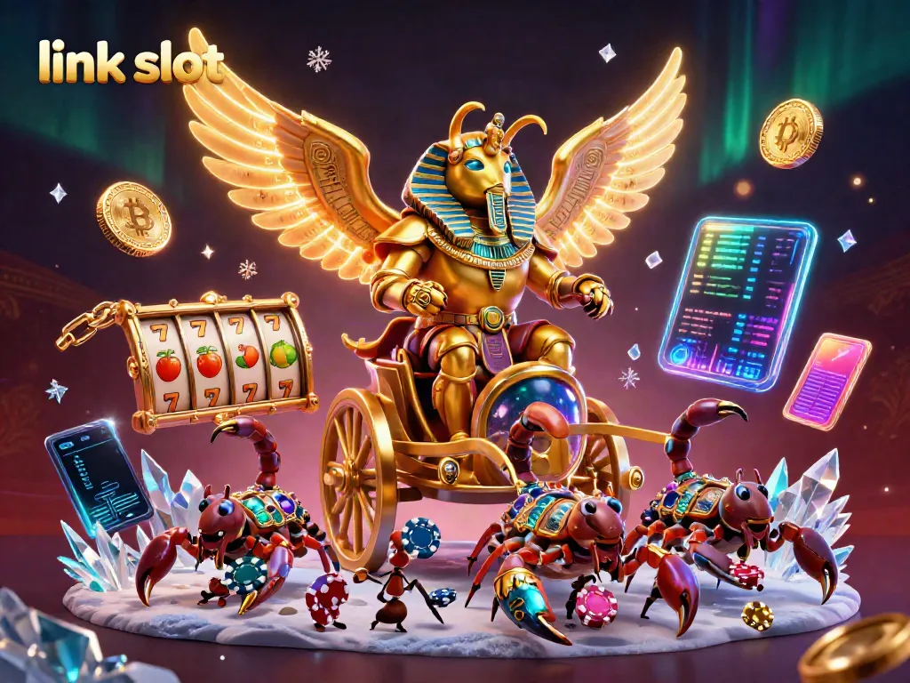 Experience thrilling play with link slot featuring a golden scarab beetle in a vibrant casino setting.