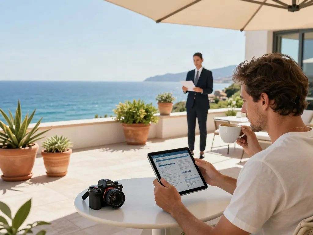 Property management Costa Blanca scene with a homeowner enjoying a sunny terrace while a manager conducts inspections.