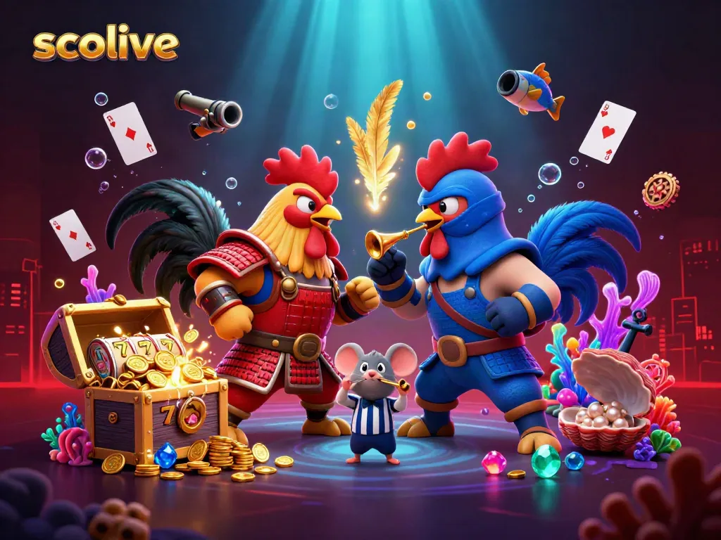 Socolive showcases a dramatic standoff between cartoon roosters in a captivating casino-themed scene.