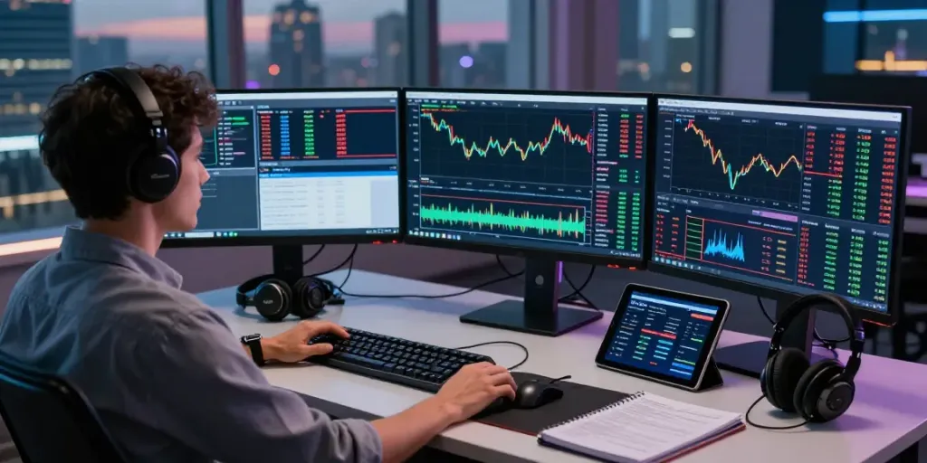 Expert trader using MetaTrader VPS in a high-tech trading room with multiple monitors displaying live market data