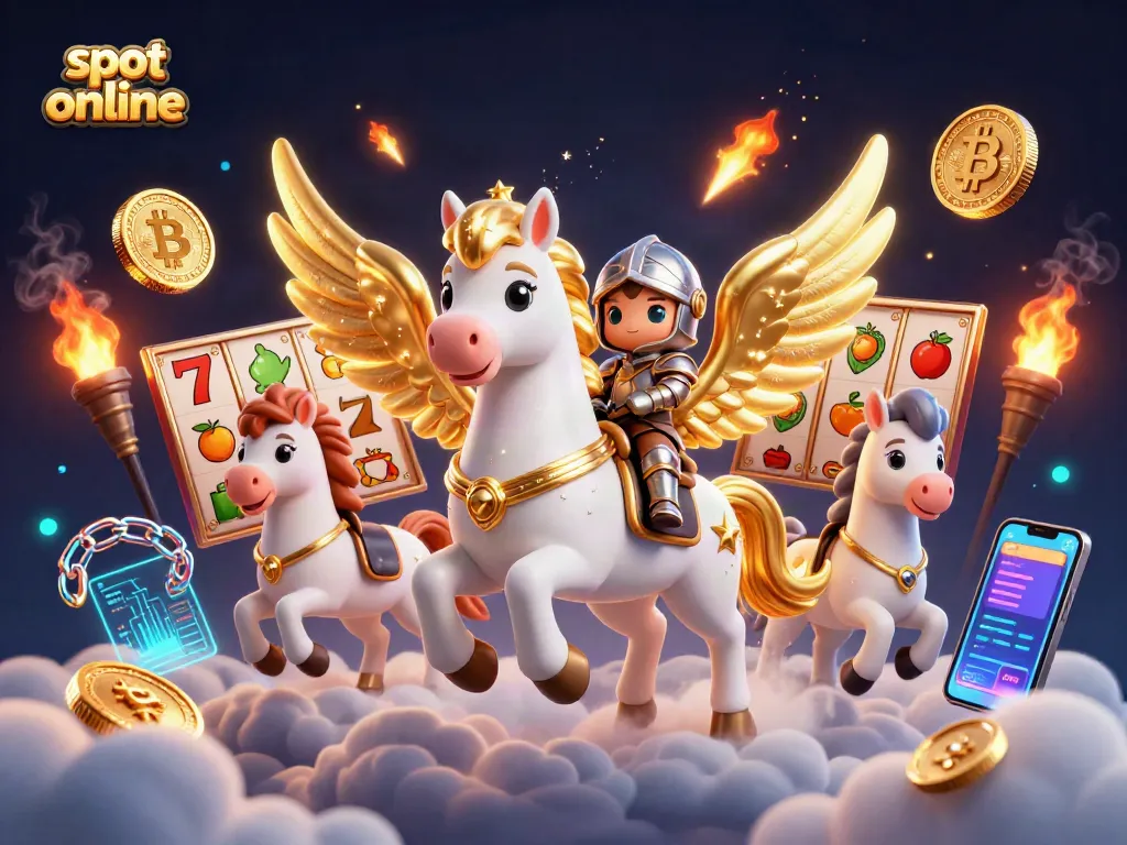 Experience thrilling slot online adventures with a celestial horse and knight amidst vivid casino elements.