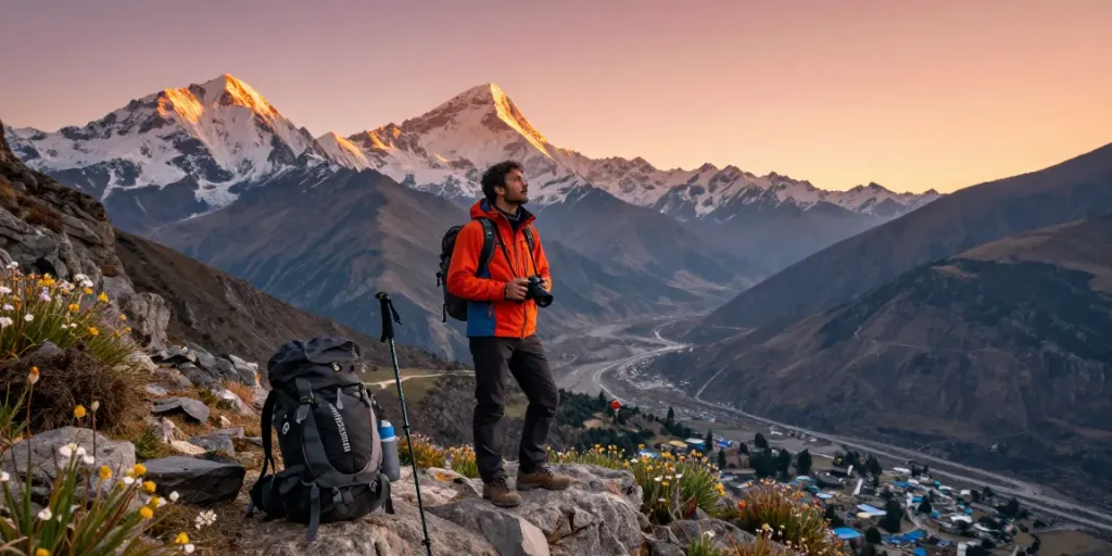 Traveler enjoying the stunning views on the Manaslu Circuit trail at sunset, surrounded by majestic Himalayan peaks.