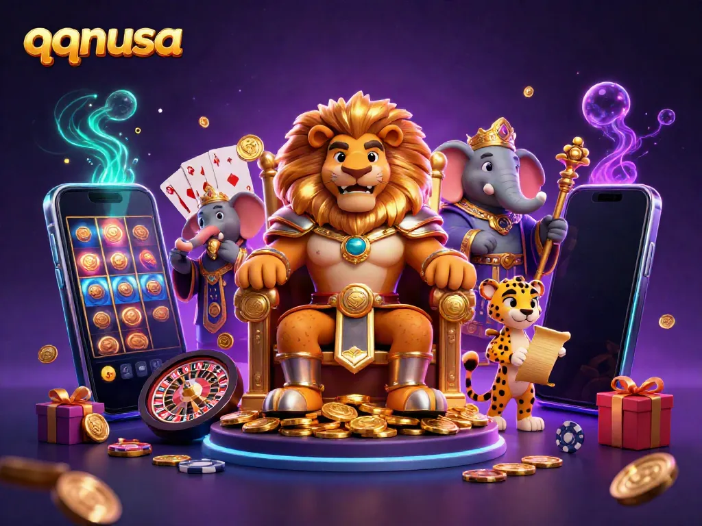 Experience thrilling gameplay with qqnusa featuring a lion king, elephant advisor, and cheetah messenger in a vibrant casino setting.