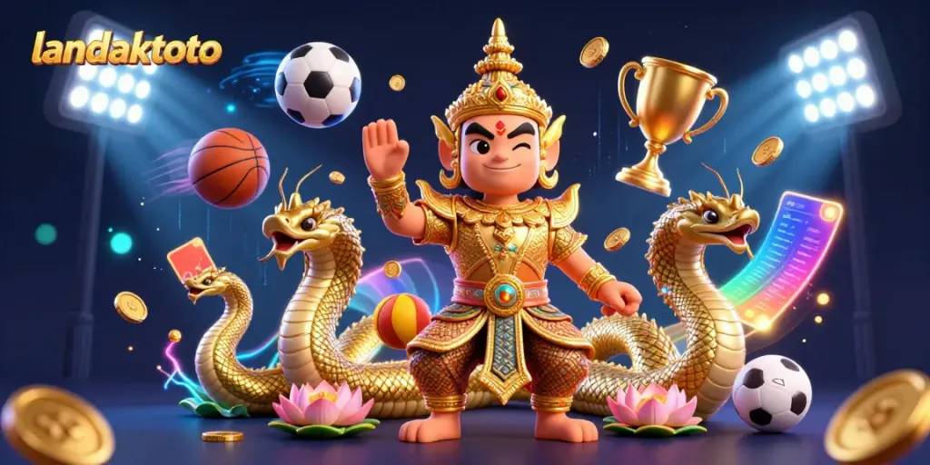 Mengakses platform landaktoto dengan penjaga kuil 3D dalam armor emas yang mengintip ramah di tengah elemen taruhan olahraga.