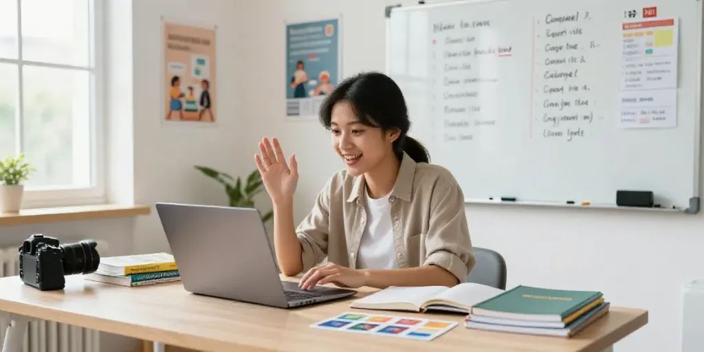 An engaged student using Toto online language course materials in a bright home office.