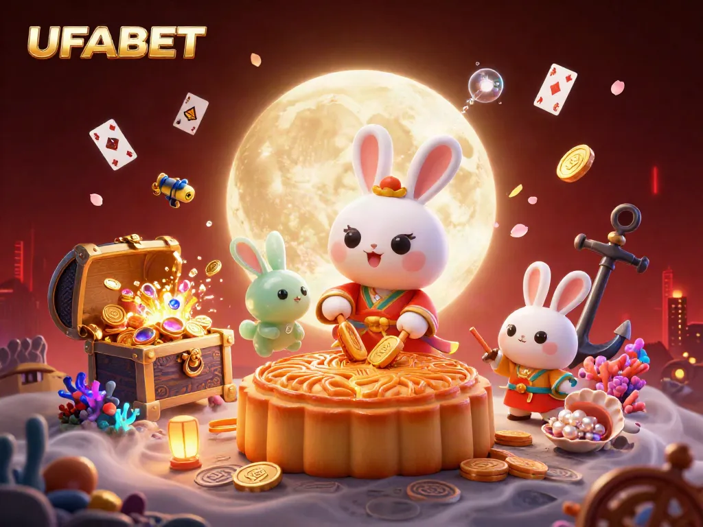 Spin and win at UFABET with a moon rabbit and poker chips in a vibrant casino setting.